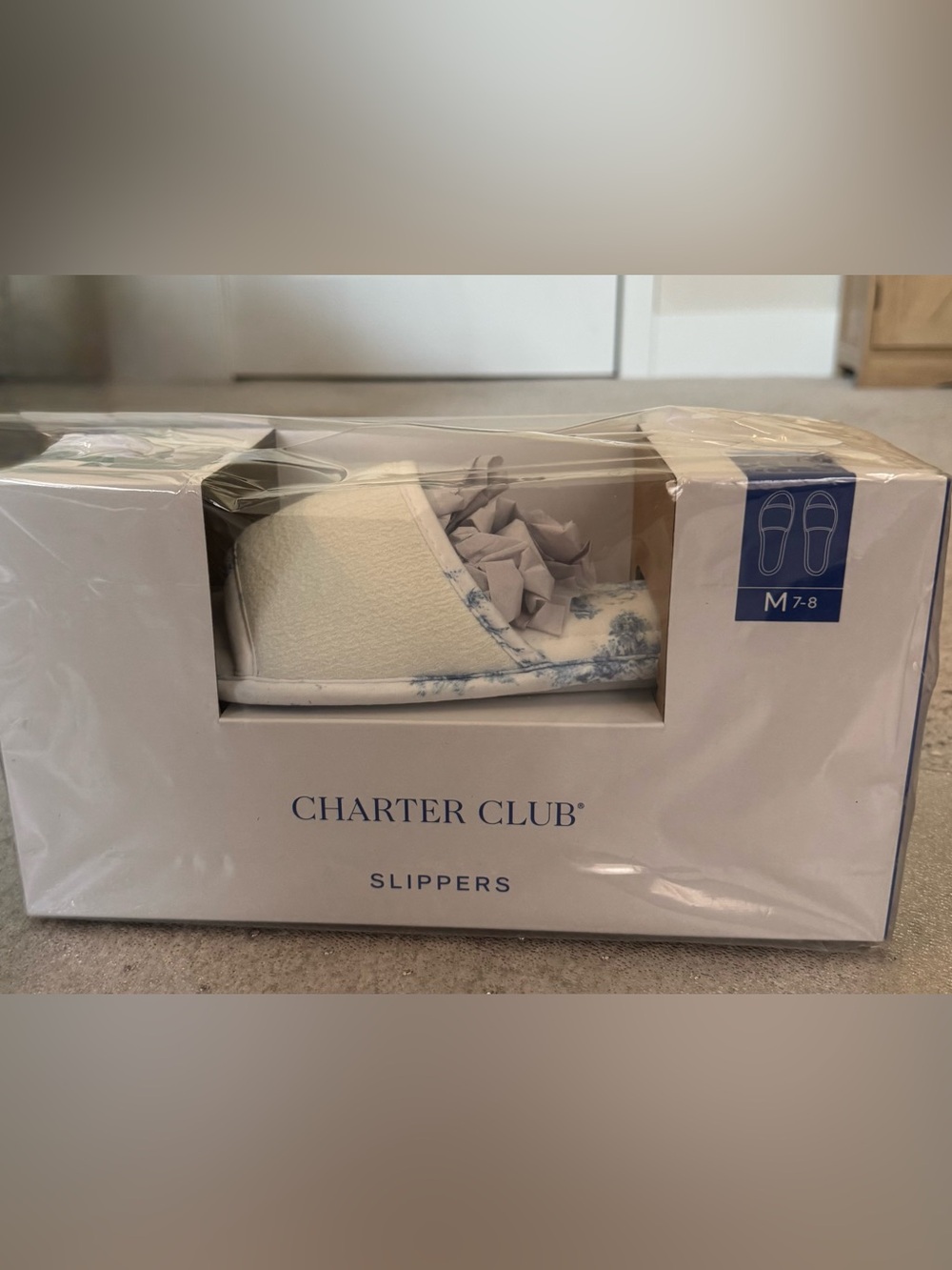 NIB Charter Club Open Toe Slippers - Blue/White Size M 7-8